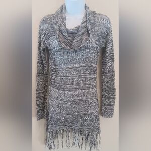 Vanity Boho Fringe Cowl Neck Long Tunic Sweater S Black White Marled Western